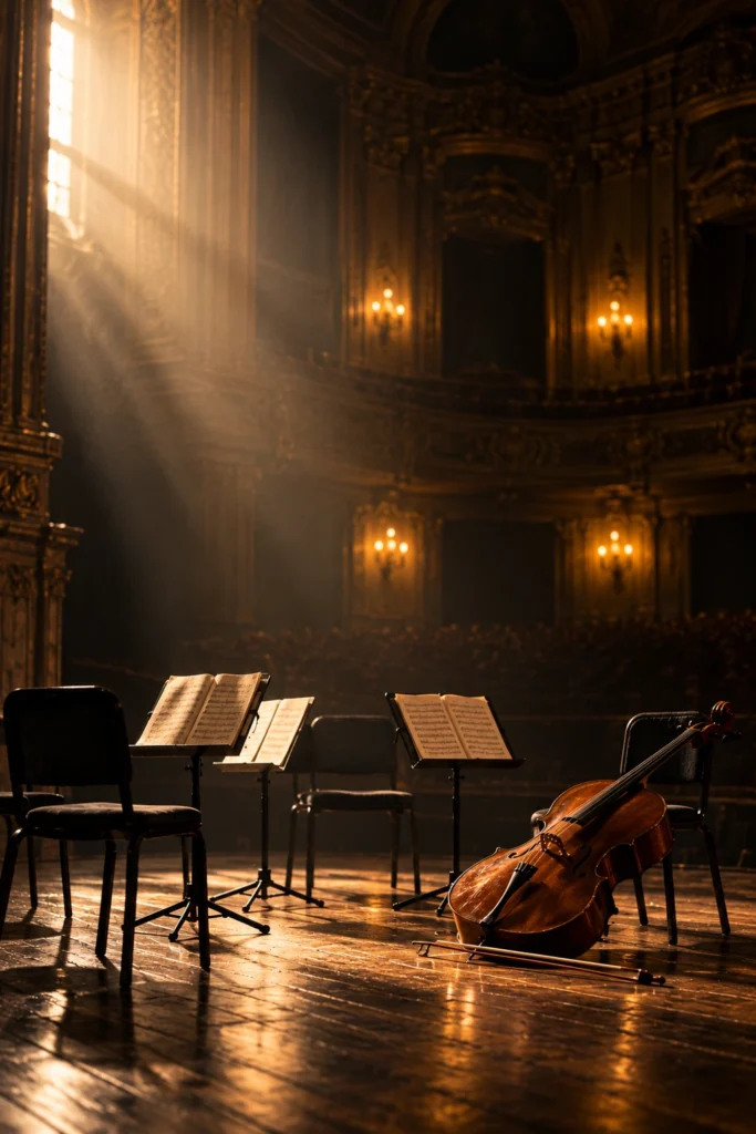Празна концертна сцена с виолончело и нотни пултове – художествен образ на Adagio for Strings от Самюъл Барбър