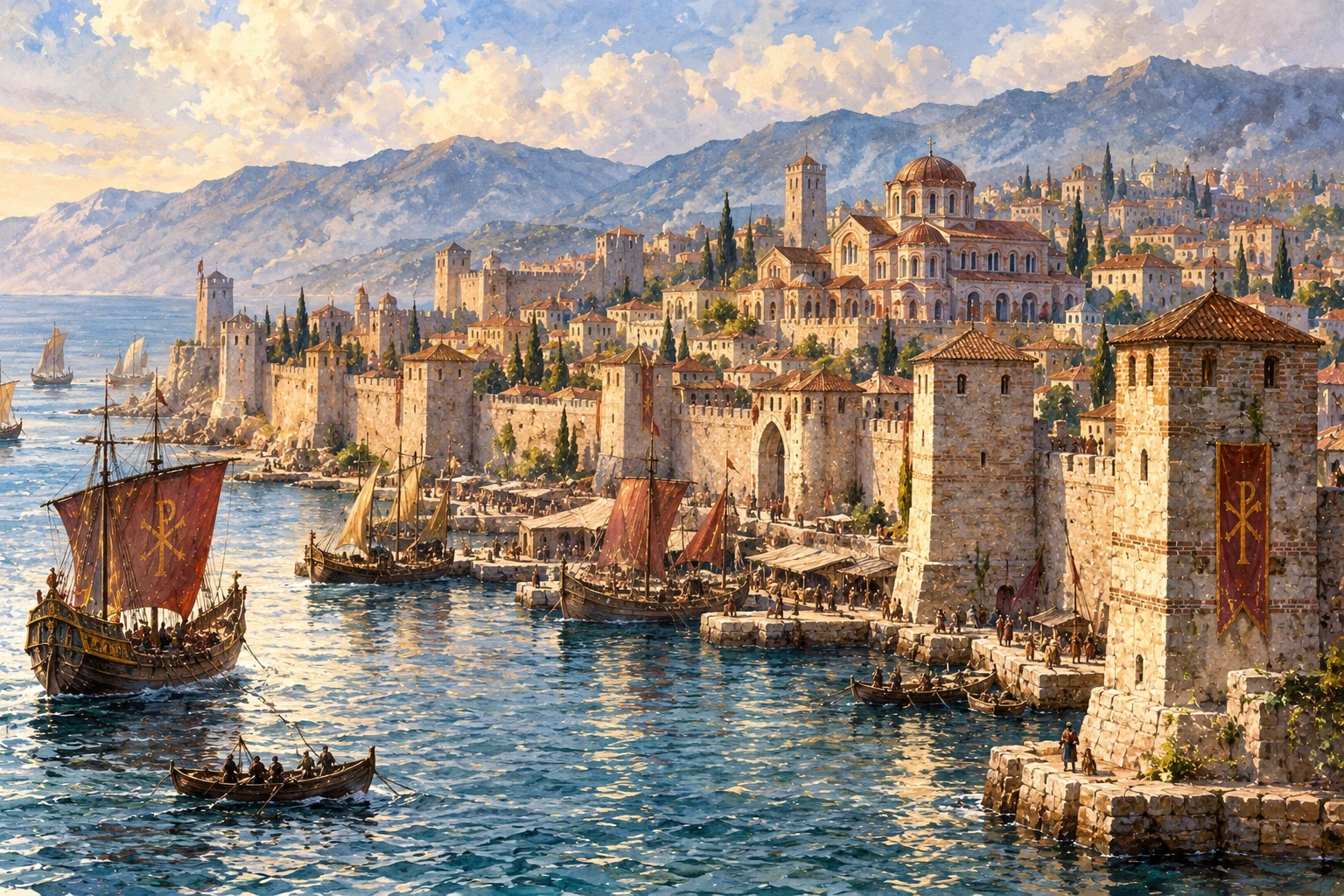 Художествена възстановка на Солун през VI–VII век с крепостни стени, отбранителни кули, византийски кораби и пристанище.